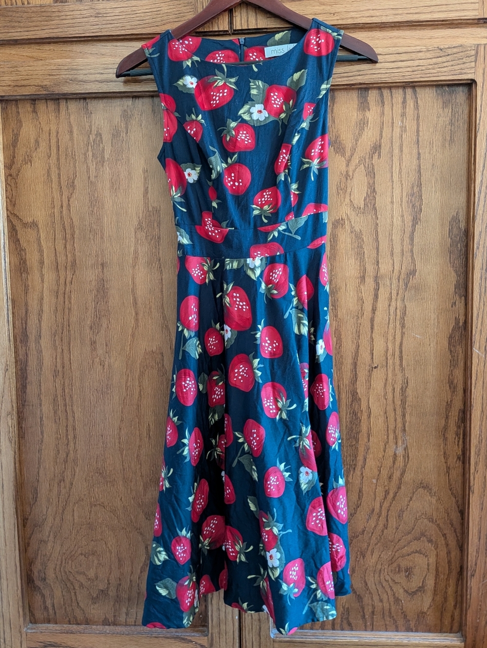 Miss Lulo Strawberry Print Navy Blue Retro Pin Up Fit & Flare Dress Size S